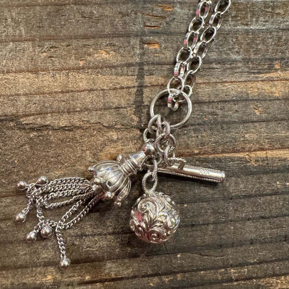 Monica Rich Kosann Sterling Silver Tassle Toggle Charm Sapphire Necklace - Picture 2 of 5